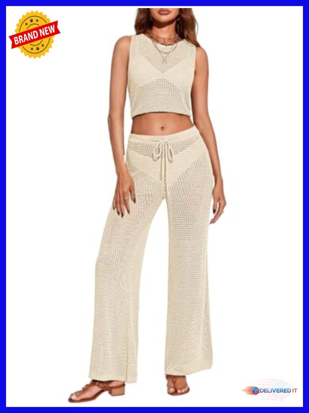 Crochet Two Piece Swimsuit Cover Up Crop Top Wide Leg Pants Beach Set